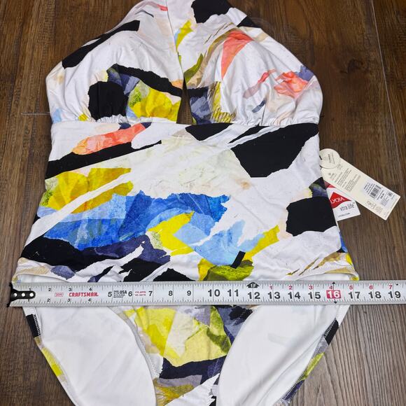 Calia NWT cutout halter one piece swim collage pure white abstract size 12 - Picture 13 of 14